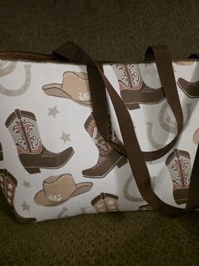 Canvas Cowboy Print Tote Bag in Brown and Tan